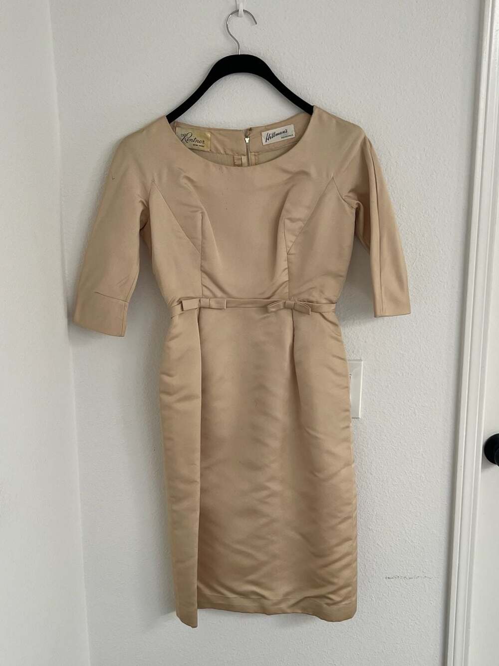 Vintage 1950s Ira Rentner New York Beige Satin Sheath Cocktail Dress with Bow Wa
